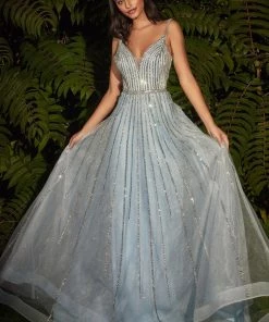 Long Beaded Tulle Dress By Cinderella Divine CD940