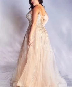 Long Beaded Tulle Dress By Cinderella Divine CD940