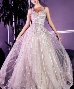 Long Beaded Tulle Dress By Cinderella Divine CD940