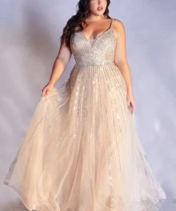 Long Beaded Tulle Dress By Cinderella Divine CD940