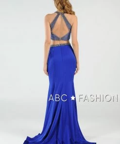 Long Beaded Two-Piece Dress With Open Back By Poly USA 7964 Prom