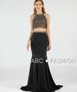 Long Beaded Two-Piece Dress With Open Back By Poly USA 7964 Prom