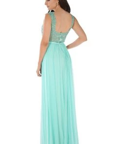 Prom Long Beige V-Neck Dress With Beaded Bodice By Poly USA