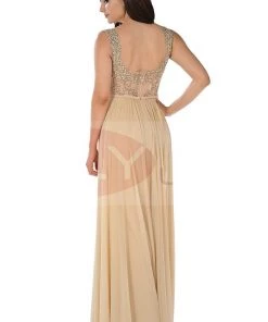 Prom Long Beige V-Neck Dress With Beaded Bodice By Poly USA