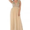 Prom Long Beige V-Neck Dress With Beaded Bodice By Poly USA
