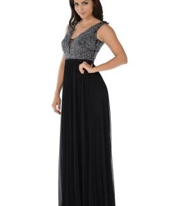 Prom Long Beige V-Neck Dress With Beaded Bodice By Poly USA