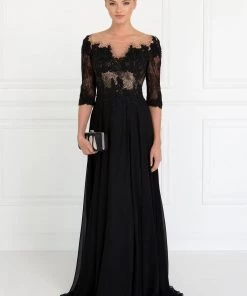 Long Black Chiffon Dress With Lace Sleeves By Elizabeth K GL1528 Prom