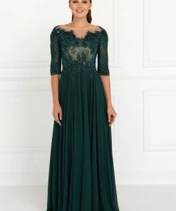 Long Black Chiffon Dress With Lace Sleeves By Elizabeth K GL1528 Prom