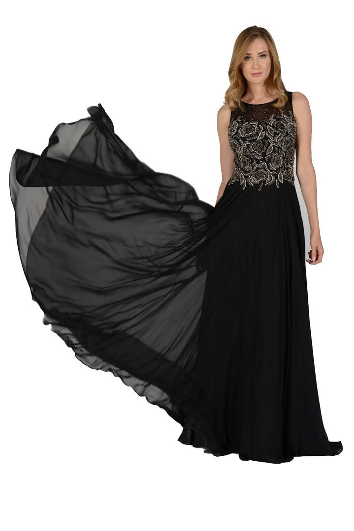 Prom Long Black Dress With Beaded Illusion Bodice By Poly USA 5 Prom Long Black Dress With Beaded Illusion Bodice By Poly USA