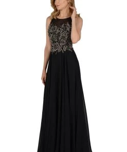 Prom Long Black Dress With Beaded Illusion Bodice By Poly USA
