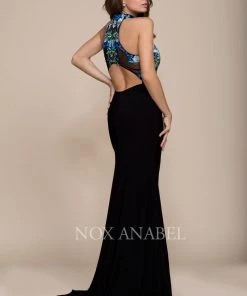 Prom Long Black Dress With Blue Floral Embroidery By Nox Anabel 8375 5 Prom Long Black Dress With Blue Floral Embroidery By Nox Anabel 8375