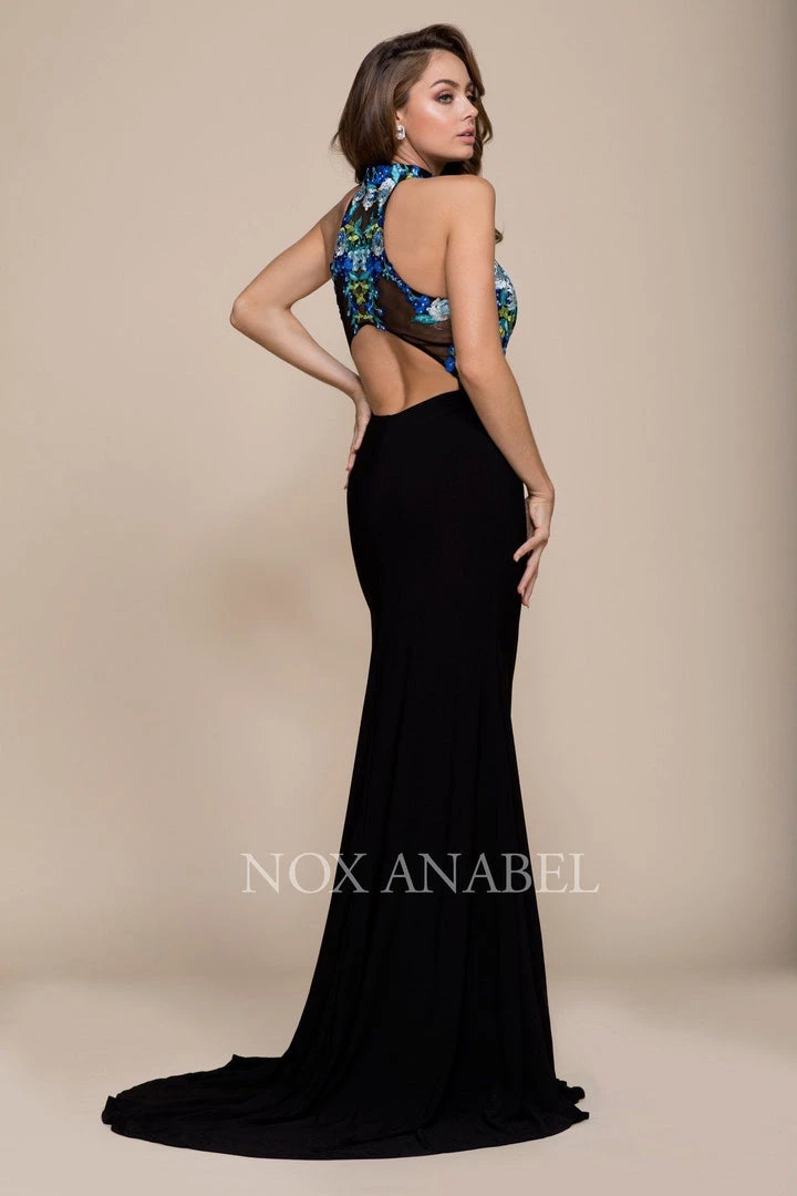 Prom Long Black Dress With Blue Floral Embroidery By Nox Anabel 8375 4 Prom Long Black Dress With Blue Floral Embroidery By Nox Anabel 8375