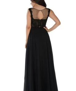 Long Black Dress With Lace Applique Bodice By Poly USA Prom