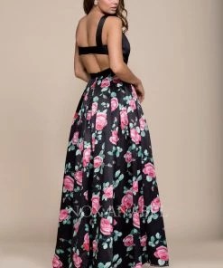 Prom Long Black Dress With Pink Floral Print Skirt By Nox Anabel 8351