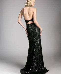 Sequined Long Black Halter Dress By Cinderella Divine 62495