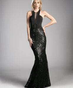 Sequined Long Black Halter Dress By Cinderella Divine 62495