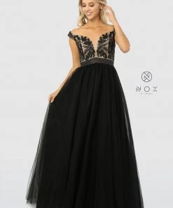 Beaded Long Black Off Shoulder Dress By Nox Anabel E166 Prom