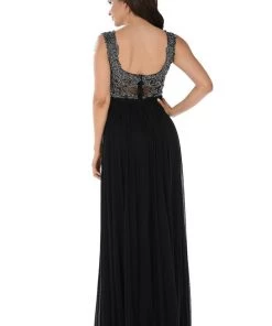 Long Black V-Neck Dress With Beaded Bodice By Poly USA
