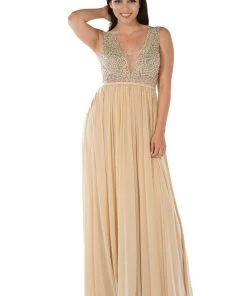 Long Black V-Neck Dress With Beaded Bodice By Poly USA 12 Long Black V-Neck Dress With Beaded Bodice By Poly USA