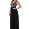 Long Black V-Neck Dress With Beaded Bodice By Poly USA