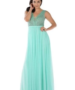 Long Black V-Neck Dress With Beaded Bodice By Poly USA 10 Long Black V-Neck Dress With Beaded Bodice By Poly USA