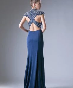 Beaded Long Fitted Blue Dress By Cinderella Divine CC8026