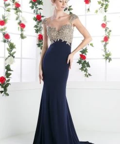 Prom Long Illusion Cap Sleeve Dress By Cinderella Divine CL105