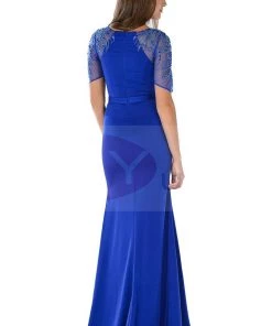 Long Blue Dress With Embroidered Sleeves By Poly USA