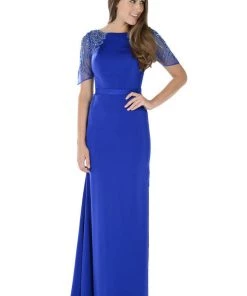 Long Blue Dress With Embroidered Sleeves By Poly USA