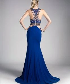 Blue Long Beaded Sheath Dress By Cinderella Divine 84001 Prom