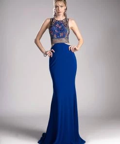 Blue Long Beaded Sheath Dress By Cinderella Divine 84001 Prom