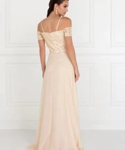 Long Blush Cold Shoulder Dress With Embroidery By Elizabeth K