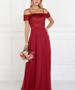 Long Blush Cold Shoulder Dress With Embroidery By Elizabeth K