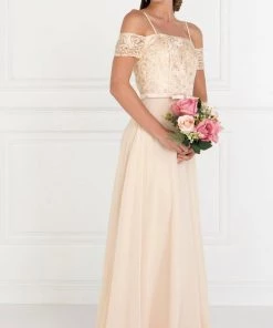 Long Blush Cold Shoulder Dress With Embroidery By Elizabeth K