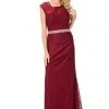 Prom Long Burgundy Cap Sleeve Lace Dress With Shawl By Lenovia
