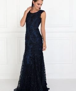 Long Burgundy Dress With Embroidered Petals By Elizabeth K GL1529 Prom