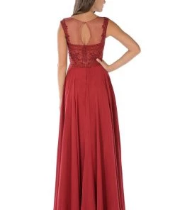 Long Burgundy Dress With Lace Applique Bodice By Poly USA Prom