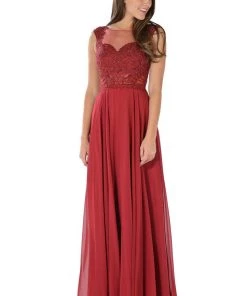 Long Burgundy Dress With Lace Applique Bodice By Poly USA Prom