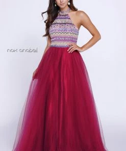 Prom Long Burgundy Halter Dress With Striped Top By Nox Anabel 8265