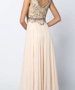 Long Cap Sleeve Chiffon Dress With Beaded Bodice By Juliet 657
