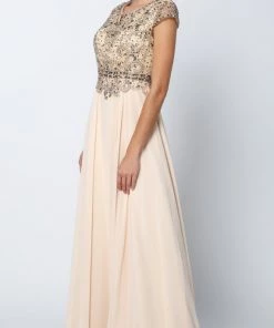 Long Cap Sleeve Chiffon Dress With Beaded Bodice By Juliet 657