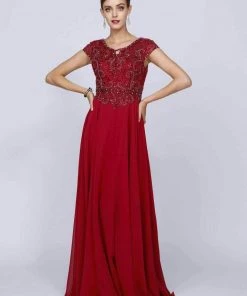 Long Cap Sleeve Chiffon Dress With Beaded Bodice By Juliet 657