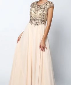 Long Cap Sleeve Chiffon Dress With Beaded Bodice By Juliet 657