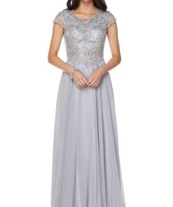 Long Cap Sleeve Chiffon Dress With Beaded Bodice By Juliet 657