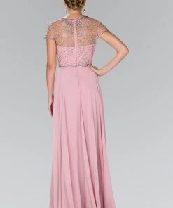 Long Cap Sleeve Dress With Beaded Bodice By Elizabeth K GL2405