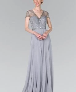 Long Cap Sleeve Dress With Beaded Bodice By Elizabeth K GL2405 7 Long Cap Sleeve Dress With Beaded Bodice By Elizabeth K GL2405