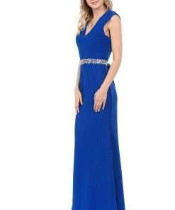 Prom Long Cap Sleeve Dress With Beaded Waist By Lenovia 5132