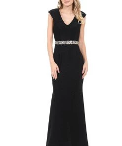Prom Long Cap Sleeve Dress With Beaded Waist By Lenovia 5132