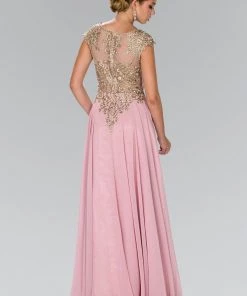 Long Cap Sleeve Dress With Lace Applique By Elizabeth K GL2407