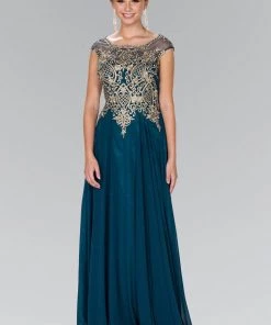 Long Cap Sleeve Dress With Lace Applique By Elizabeth K GL2407